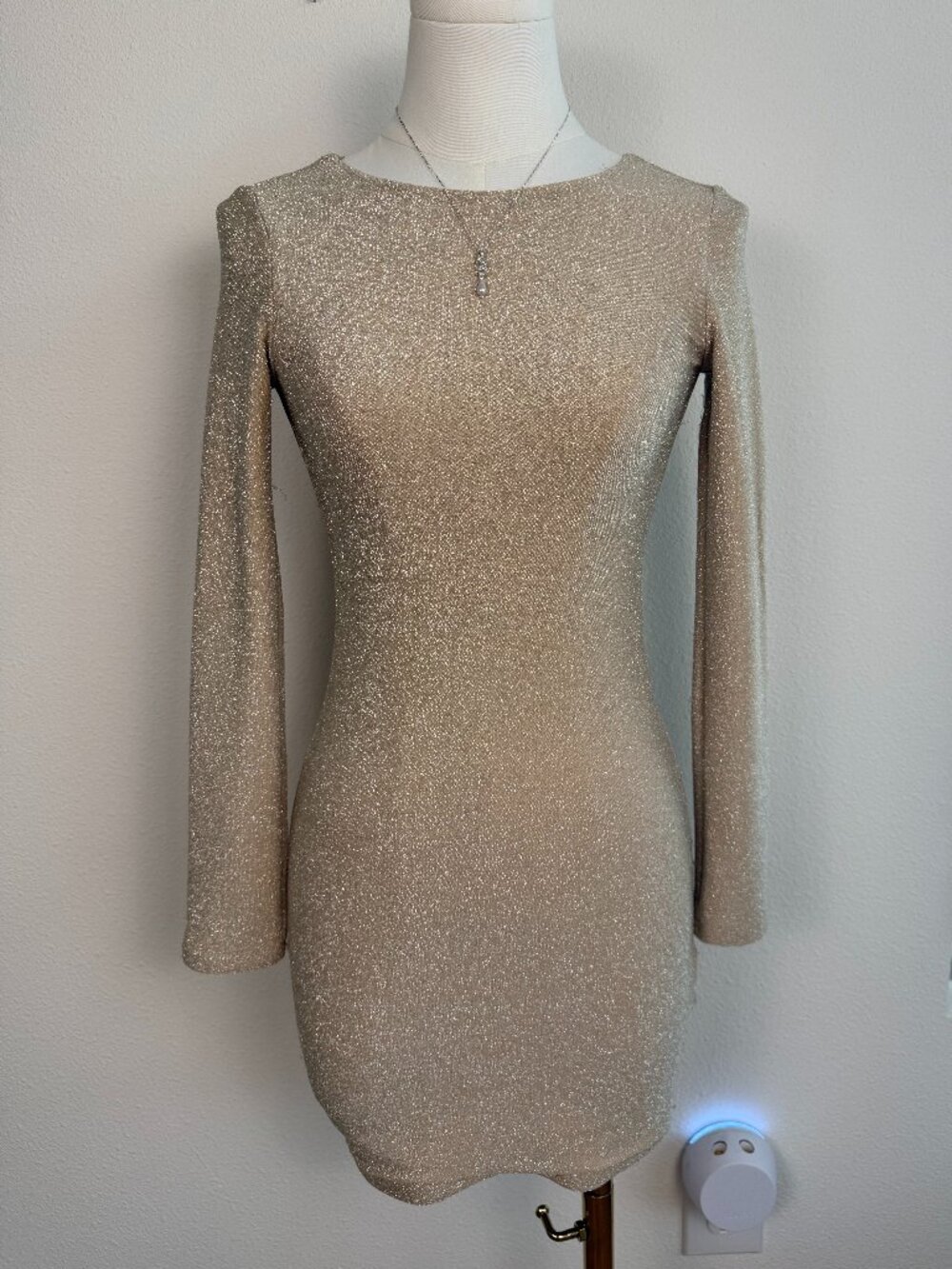 Babyboo Champagne Gold Shimmer Long Sleeve Bodycon Mini Dress